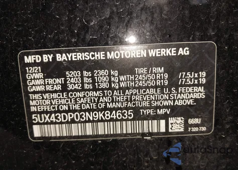 2022 BMW X3 Sdrive30I из США, поврежденный, VIN 5UX43DP03N9K84635